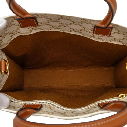 Celine Triomphe Vertical Cabas Small Tote Shoulder Bag 2WAY White Brown PVC