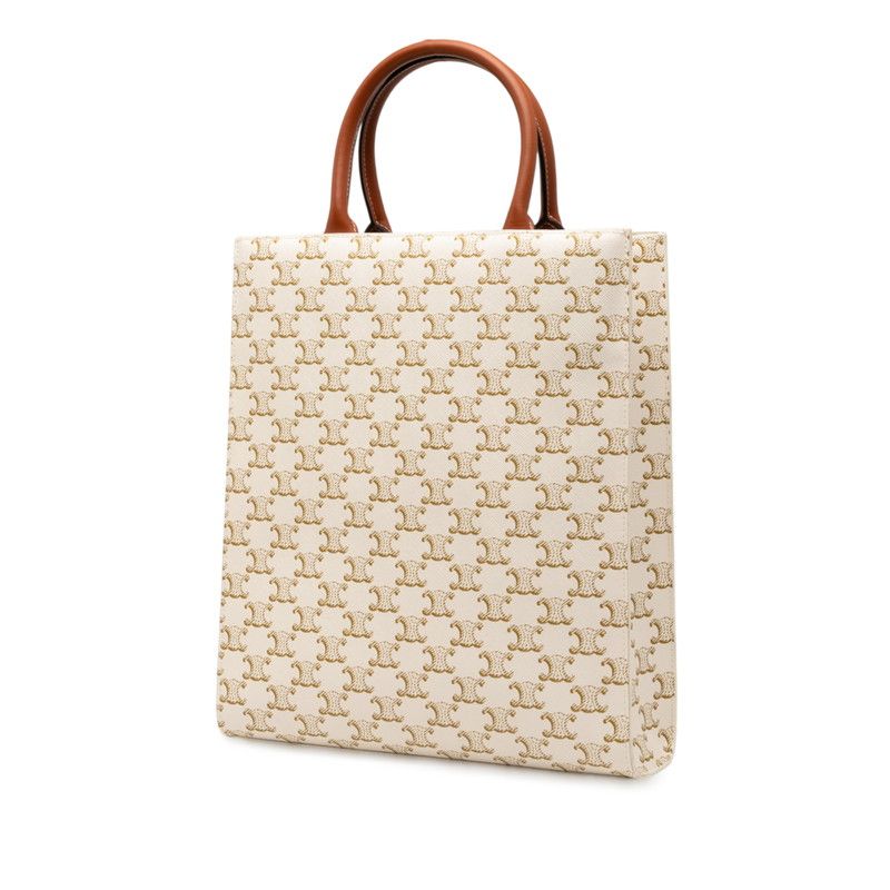 Celine Triomphe Vertical Cabas Small Tote Shoulder Bag 2WAY White Brown PVC