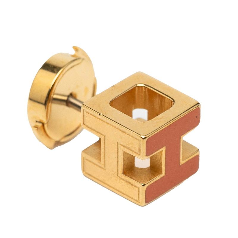 Hermes Cajdouache H Cube Studs Gold Orange Plated Ladies Hermes