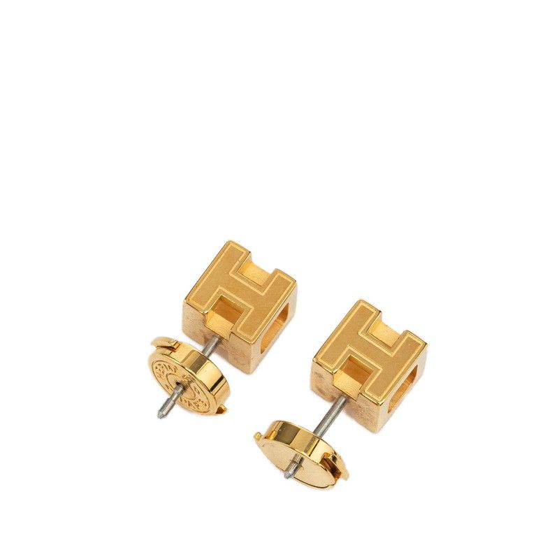 Hermes Cajdouache H Cube Studs Gold Orange Plated Ladies Hermes