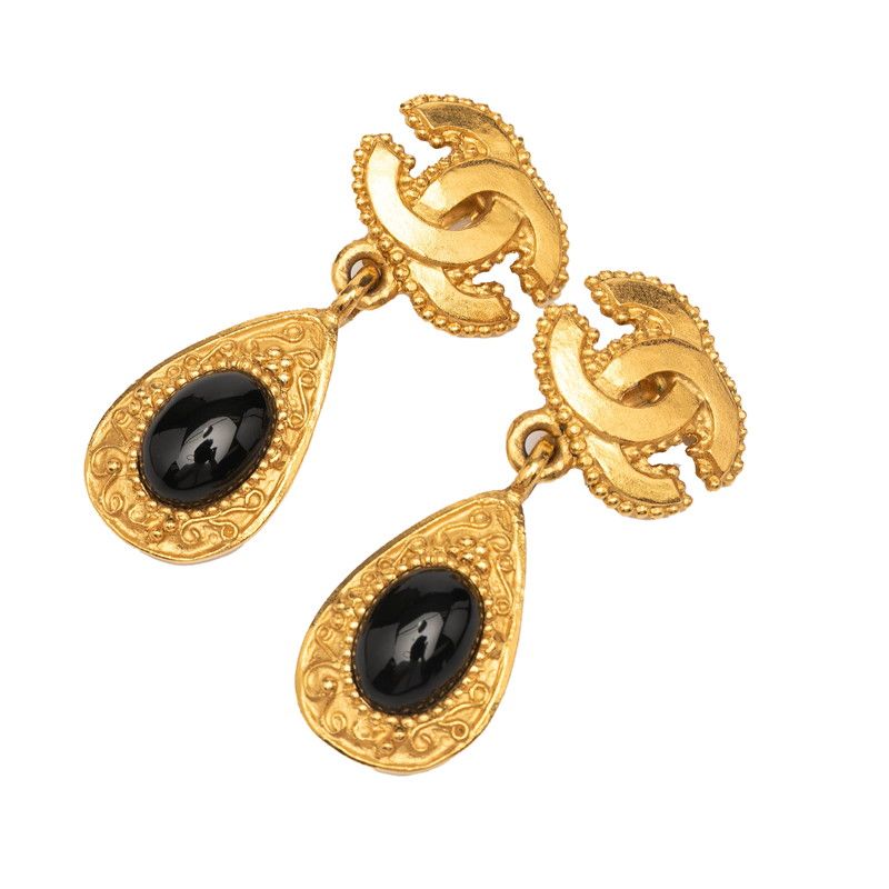Chanel Vintage Coco Mark Teardrop Swing Gold Black Plated Stones Ladies Chanel
