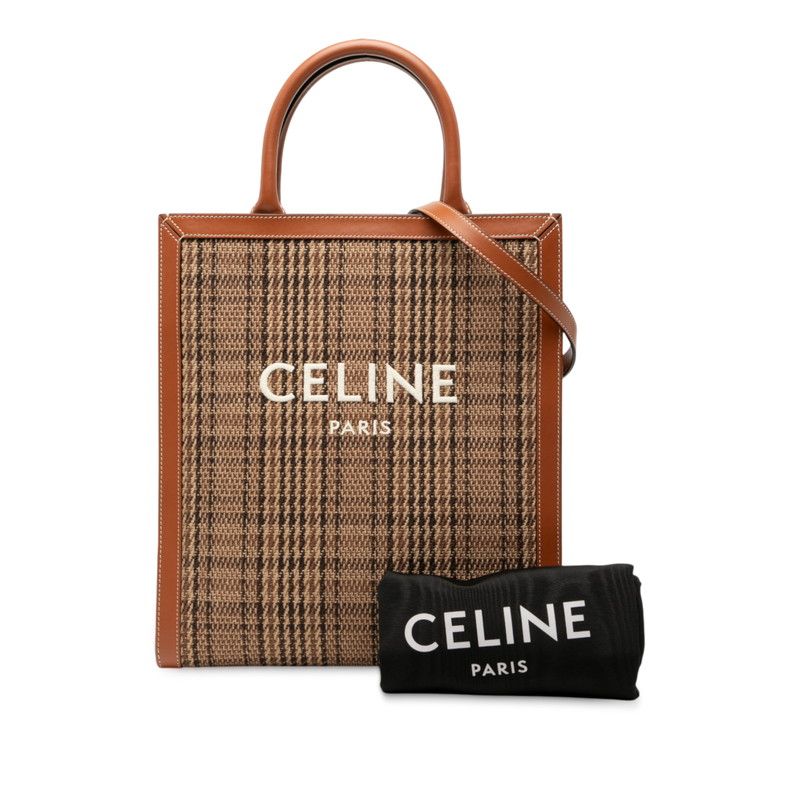 Celine Vertical Cabas Small Check Tote Shoulder Bag 2WAY Brown Canvas Leather