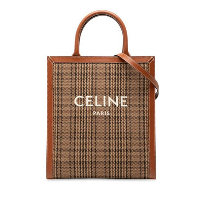 Celine Vertical Cabas Small Check Tote Shoulder Bag 2WAY Brown Canvas Leather
