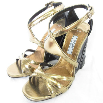 Prada Cross Strap Leather Sandals 36 23cm (9.06in) Gold Color Black Women's Used