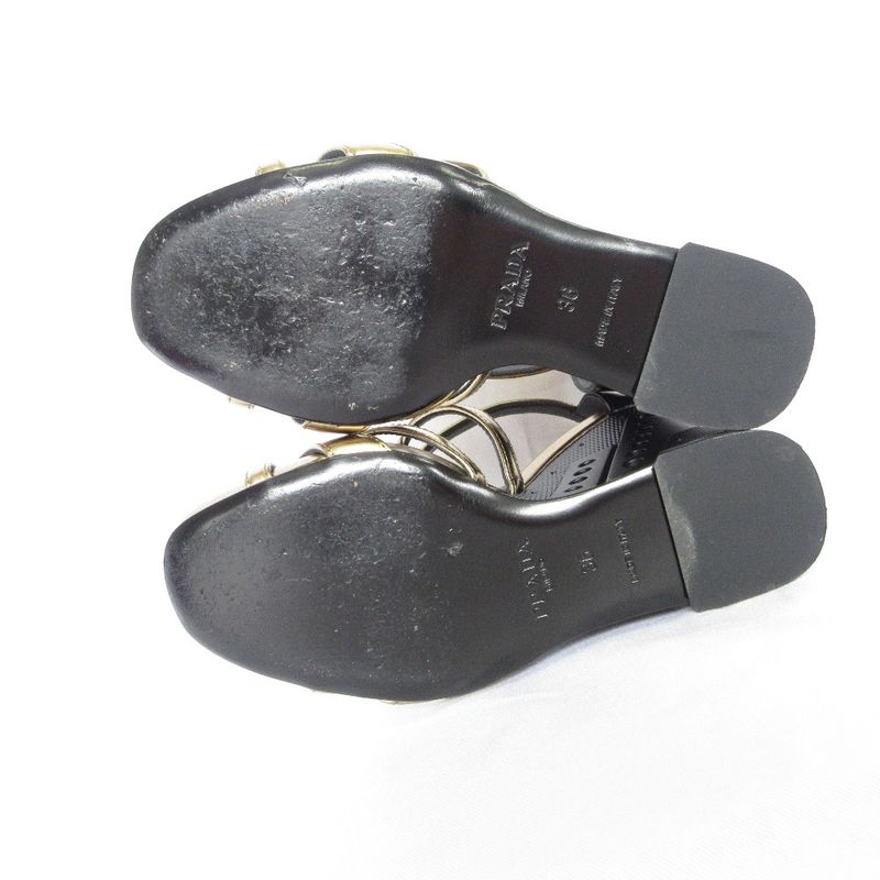 Prada Cross Strap Leather Sandals 36 23cm (9.06in) Gold Color Black Women's Used