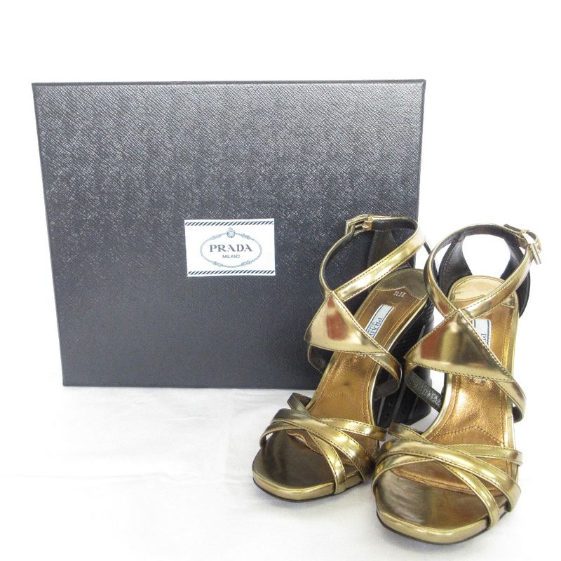 Prada Cross Strap Leather Sandals 36 23cm (9.06in) Gold Color Black Women's Used