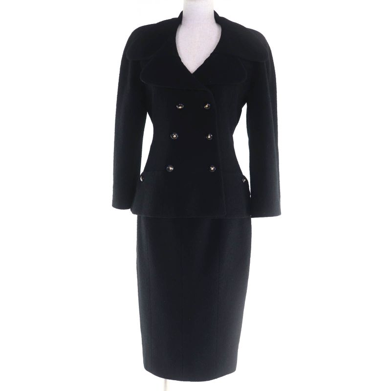 CHANEL Vintage 95A P05816v04346 Coco Mark Button Tweed Jacket Skirt Setup Black