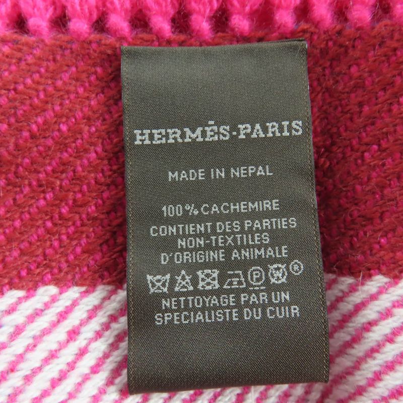 Hermes 100% Cashmere Knit Scarf With Logo Leather Patch And Side Fringe Scarf