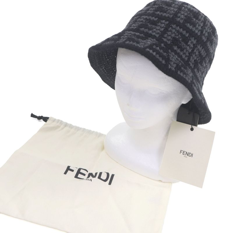 Fendi Fxq958 Cashmere Blend Zucca FF Logo Allover Knit Bucket Hat Black Gray