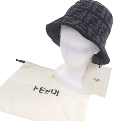 Fendi Fxq958 Cashmere Blend Zucca FF Logo Allover Knit Bucket Hat Black Gray