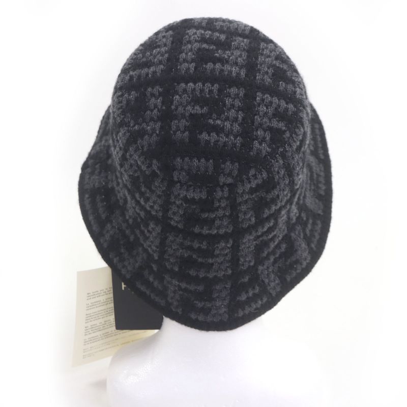 Fendi Fxq958 Cashmere Blend Zucca FF Logo Allover Knit Bucket Hat Black Gray