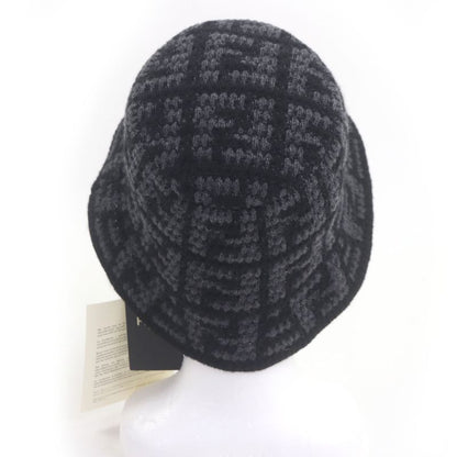 Fendi Fxq958 Cashmere Blend Zucca FF Logo Allover Knit Bucket Hat Black Gray