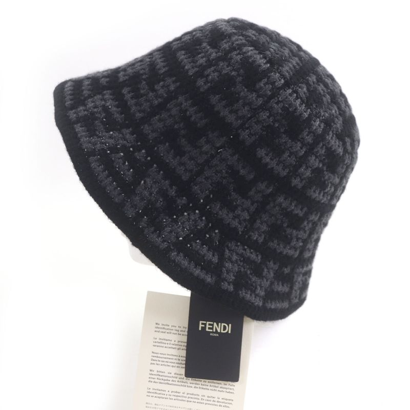 Fendi Fxq958 Cashmere Blend Zucca FF Logo Allover Knit Bucket Hat Black Gray