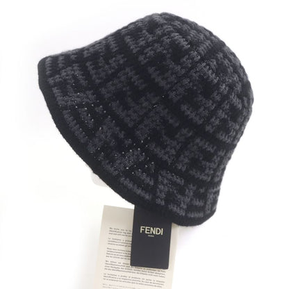 Fendi Fxq958 Cashmere Blend Zucca FF Logo Allover Knit Bucket Hat Black Gray