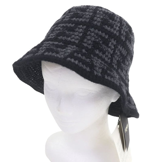 Fendi Fxq958 Cashmere Blend Zucca FF Logo Allover Knit Bucket Hat Black Gray