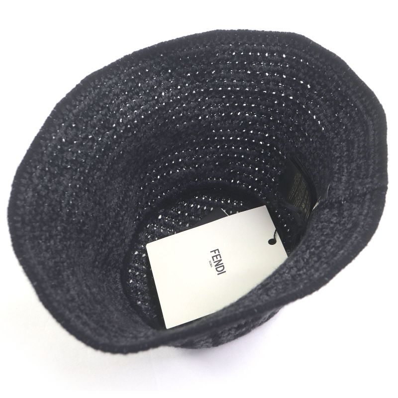Fendi Fxq958 Cashmere Blend Zucca FF Logo Allover Knit Bucket Hat Black Gray