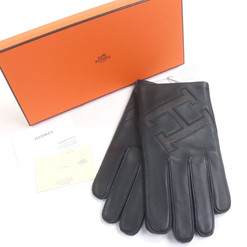 Hermes Lambskin 100% Silk Lining H Logo Leather Gloves Black 9 With Box Made In