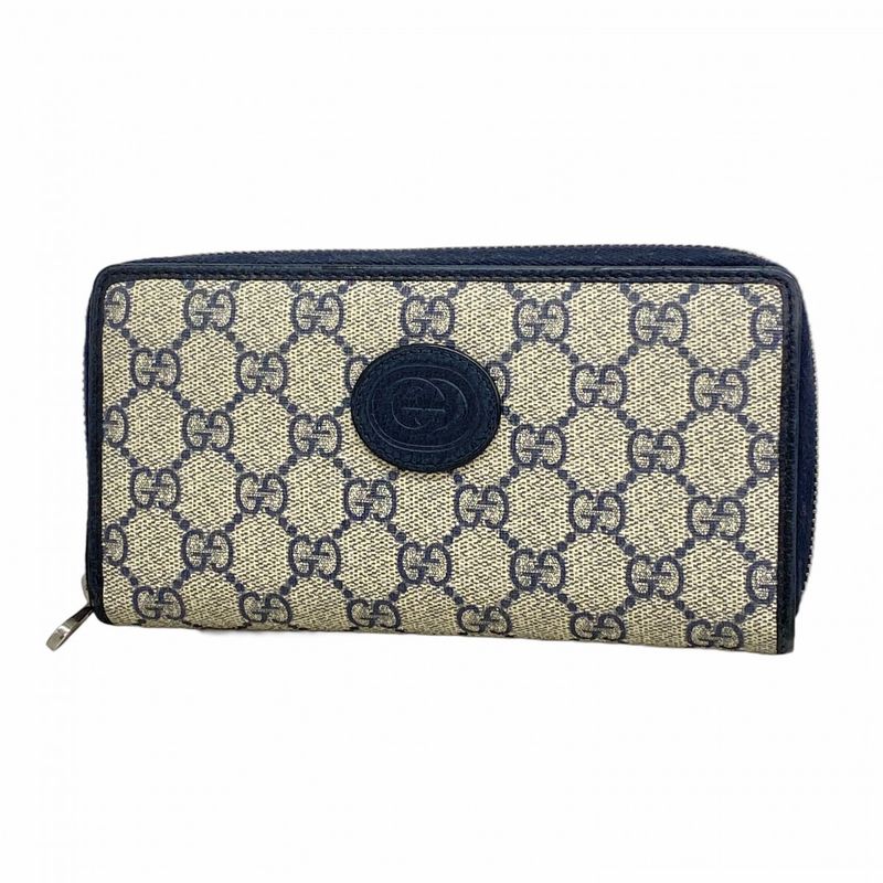 Gucci Long Wallet GG Supreme 673003 PVC Navy Beige Silver Hardware Men Women