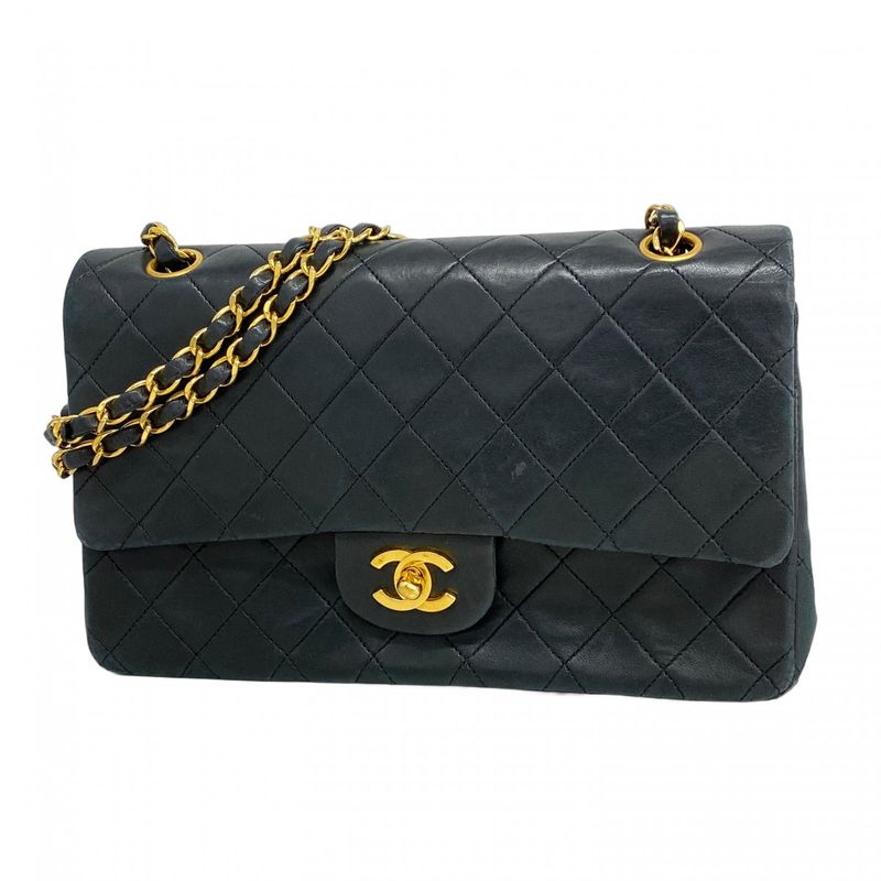Chanel Shoulder Bag Matelasse Lambskin Black Gold Hardware Women