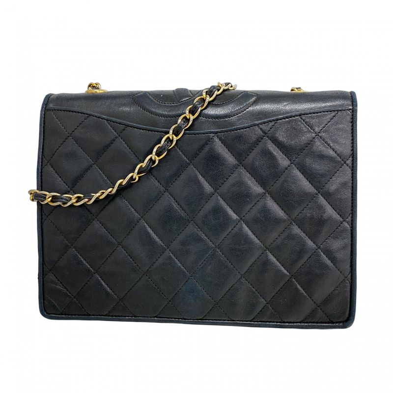 Chanel Shoulder Bag Matelasse Lambskin Black Gold Hardware Women