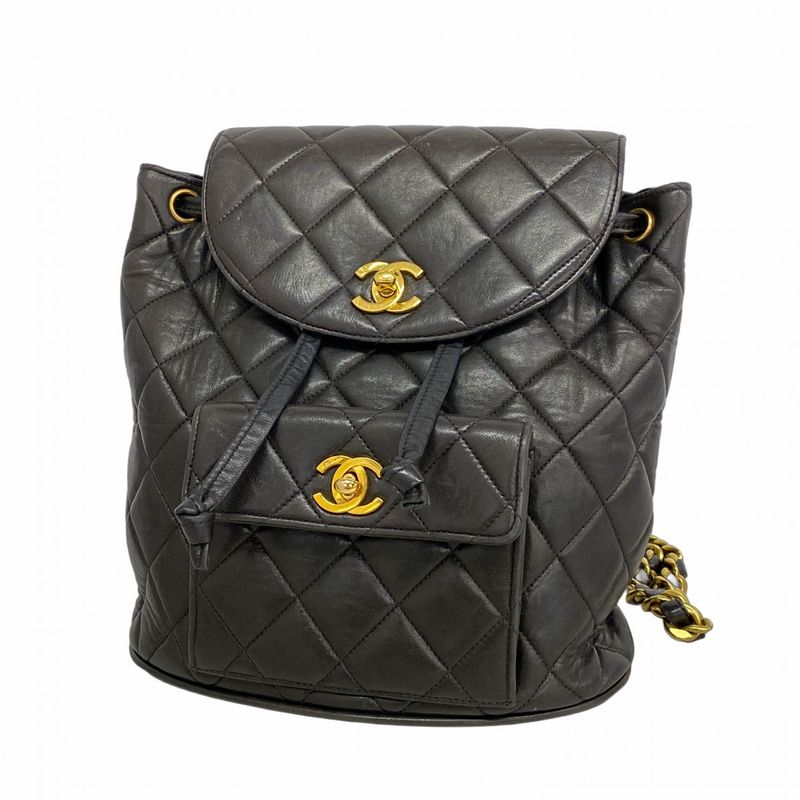 Chanel Backpack Daypack Matelasse Lambskin Black Gold Hardware Women