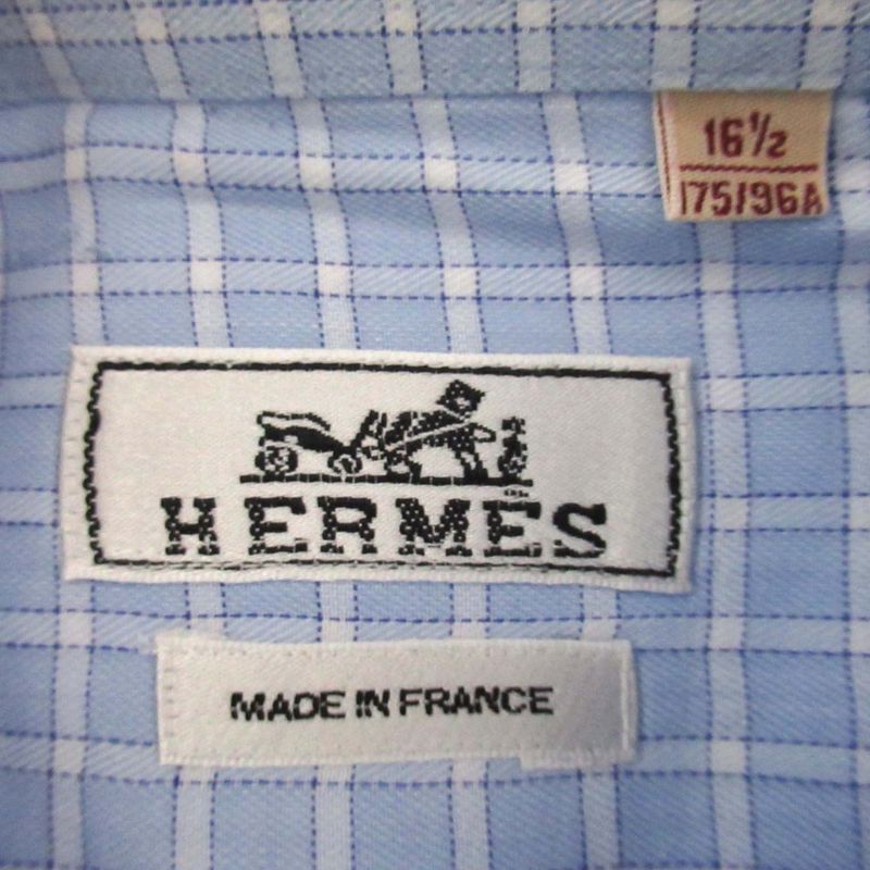 Good Hermes Chest Logo Embroidery Checkered Serie Button Long Sleeve Shirt Size