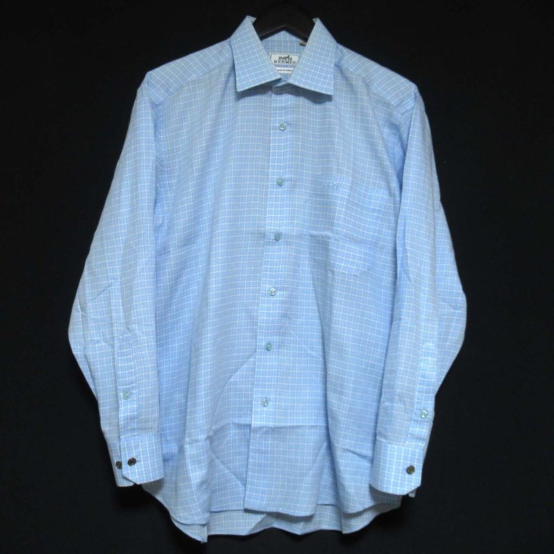 Good Hermes Chest Logo Embroidery Checkered Serie Button Long Sleeve Shirt Size
