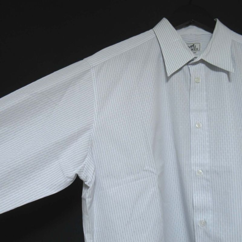 Good Hermes H Logo Stripe Serie Button Long Sleeve Shirt Size 43/17 White and