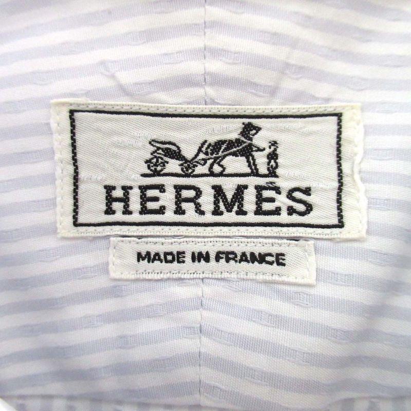 Good Hermes H Logo Stripe Serie Button Long Sleeve Shirt Size 43/17 White and