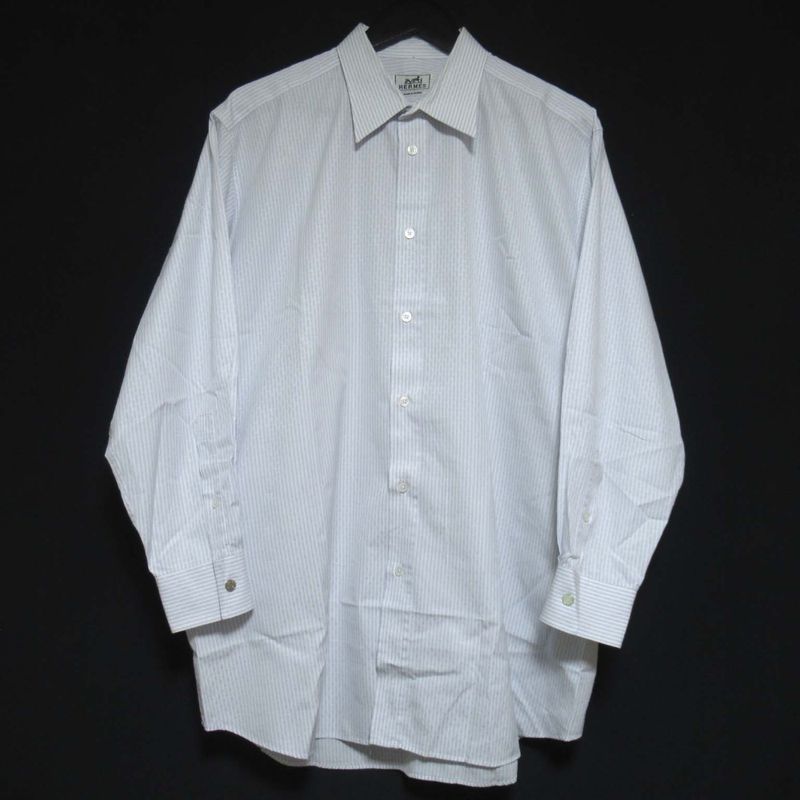 Good Hermes H Logo Stripe Serie Button Long Sleeve Shirt Size 43/17 White and
