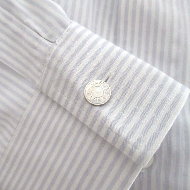 Good Hermes H Logo Stripe Serie Button Long Sleeve Shirt Size 43/17 White and