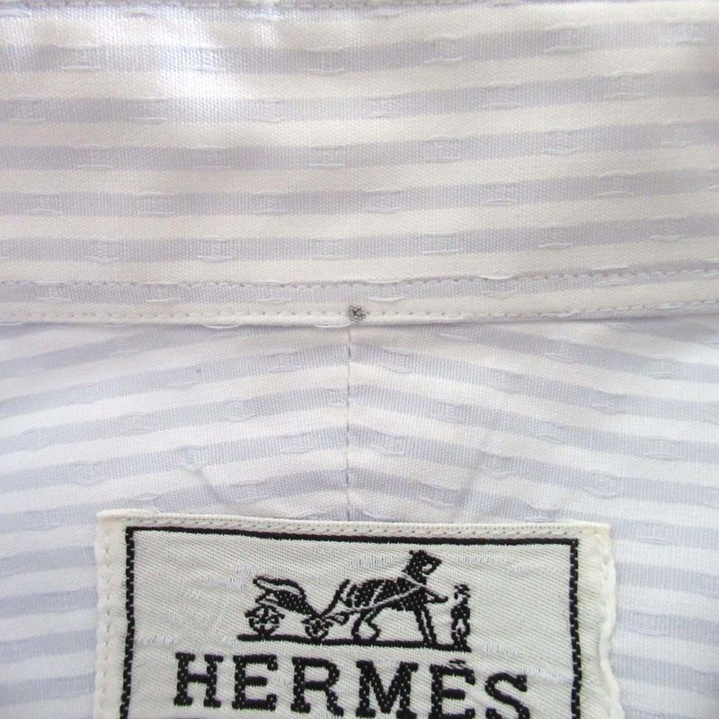 Good Hermes H Logo Stripe Serie Button Long Sleeve Shirt Size 43/17 White and
