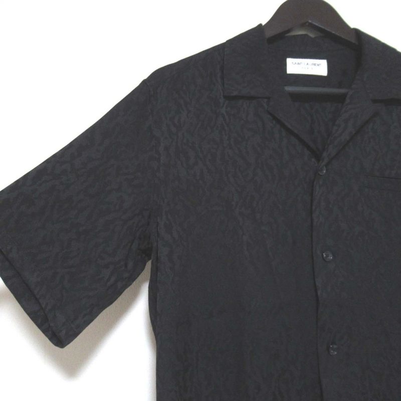 Saint Laurent Paris Baby Cat Silk Short Sleeve Open Collar Shirt Size 37