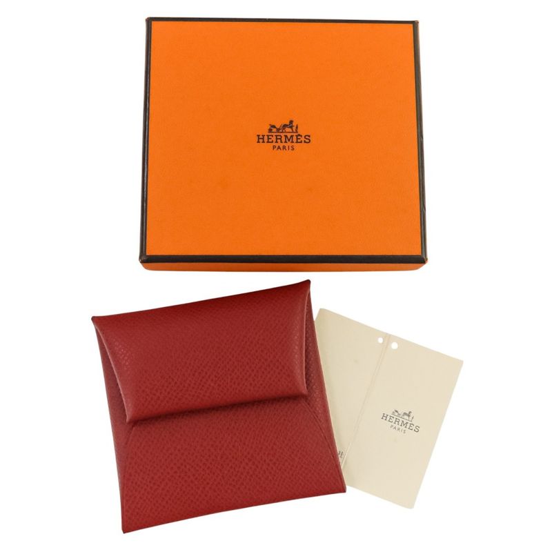 Hermes Bastia Coin Case Wallet Red N Engraved Ladies Used