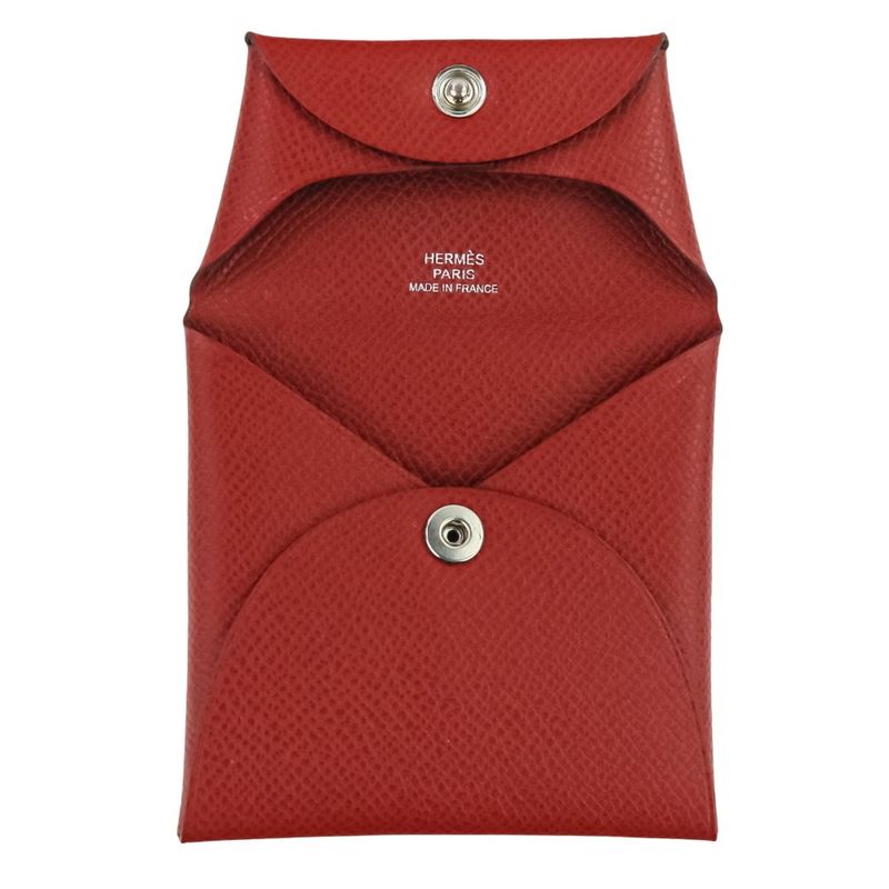 Hermes Bastia Coin Case Wallet Red N Engraved Ladies Used