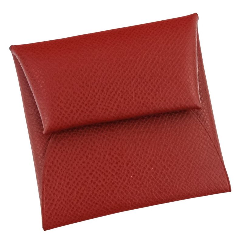 Hermes Bastia Coin Case Wallet Red N Engraved Ladies Used
