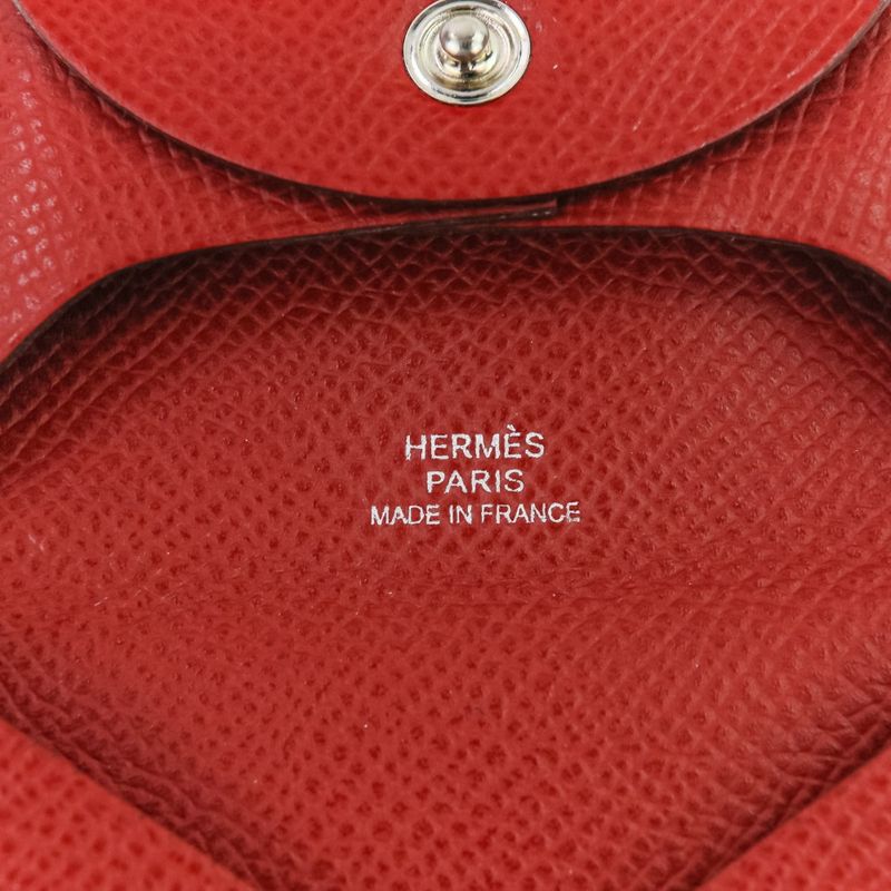 Hermes Bastia Coin Case Wallet Red N Engraved Ladies Used