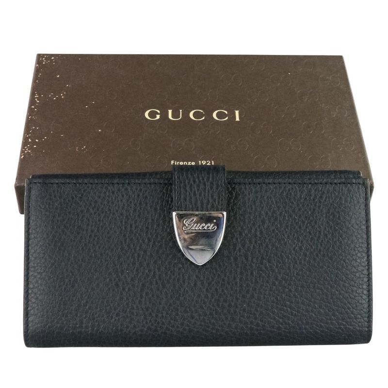 Gucci W Hook Leather Long Wallet Long Wallet 231837 Black Ladies Used