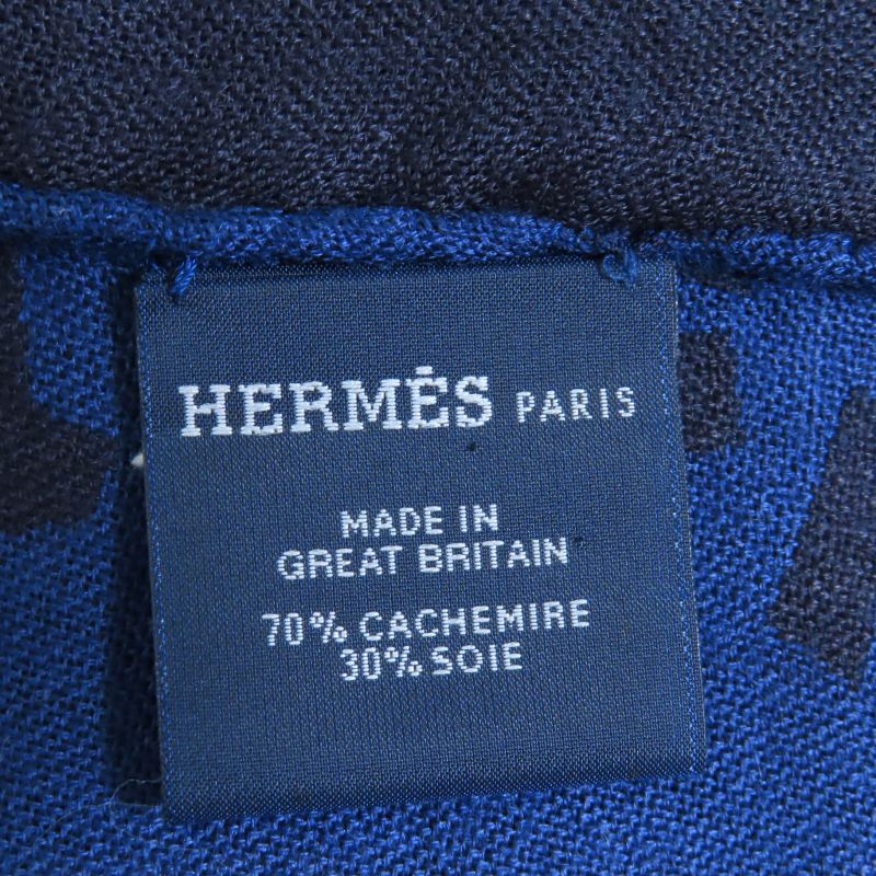 Hermes Cashmere Silk Blend H Logo All Over Mini Fringe Stole Scarf Shawl Navy