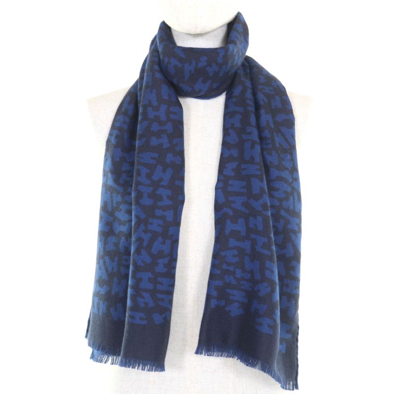 Hermes Cashmere Silk Blend H Logo All Over Mini Fringe Stole Scarf Shawl Navy