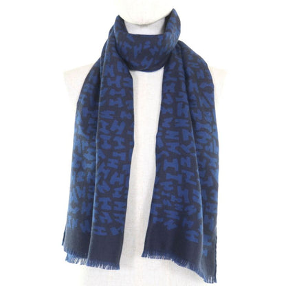 Hermes Cashmere Silk Blend H Logo All Over Mini Fringe Stole Scarf Shawl Navy