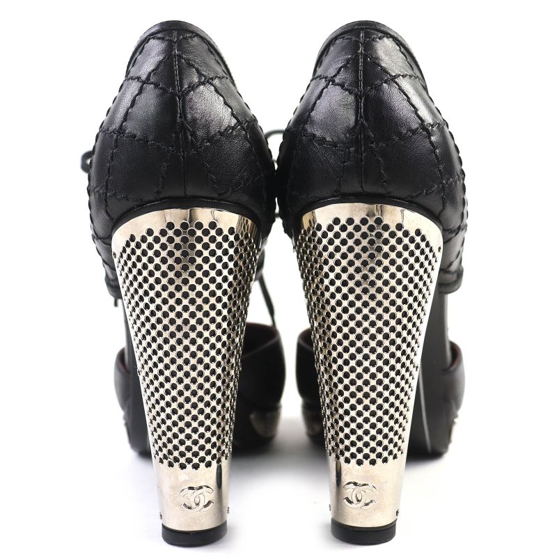 CHANEL G26107 Coco Mark Matelasse Lace Up Leather Pumps Black Silver 36 Made In