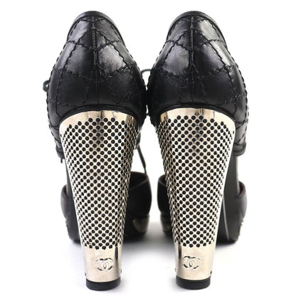 CHANEL G26107 Coco Mark Matelasse Lace Up Leather Pumps Black Silver 36 Made In