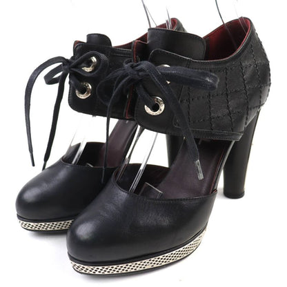 CHANEL G26107 Coco Mark Matelasse Lace Up Leather Pumps Black Silver 36 Made In