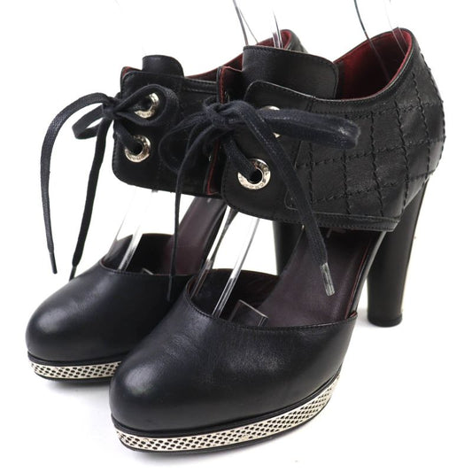 CHANEL G26107 Coco Mark Matelasse Lace Up Leather Pumps Black Silver 36 Made In