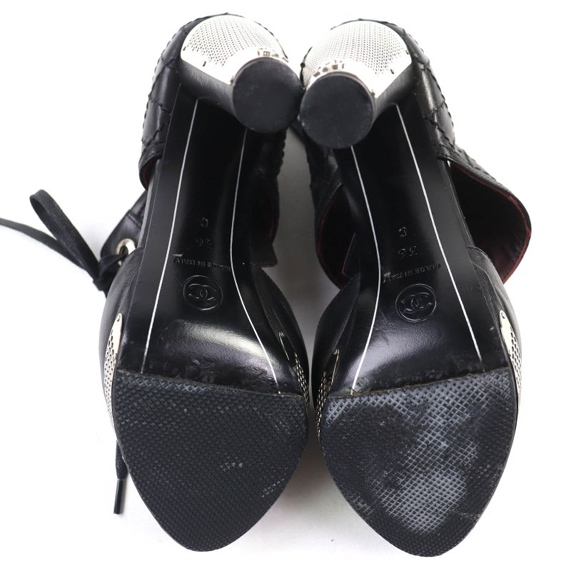 CHANEL G26107 Coco Mark Matelasse Lace Up Leather Pumps Black Silver 36 Made In