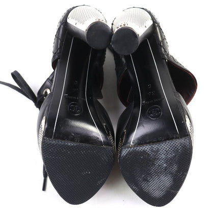 CHANEL G26107 Coco Mark Matelasse Lace Up Leather Pumps Black Silver 36 Made In