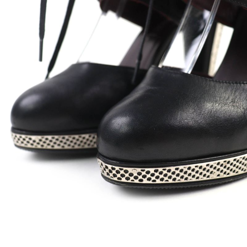 CHANEL G26107 Coco Mark Matelasse Lace Up Leather Pumps Black Silver 36 Made In