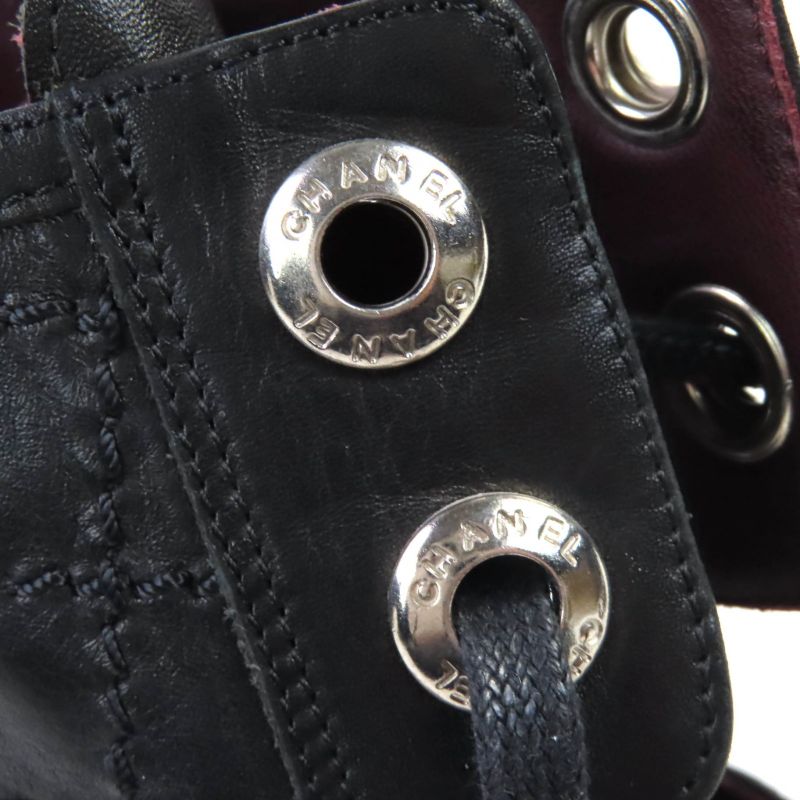 CHANEL G26107 Coco Mark Matelasse Lace Up Leather Pumps Black Silver 36 Made In