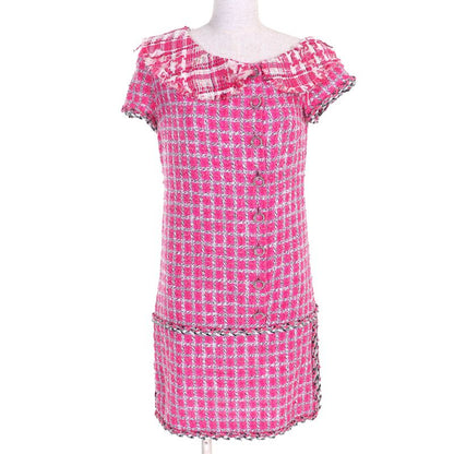 CHANEL P49180 Coco Button Metallic Trim Short Sleeve Tweed Dress Pink 34 Made